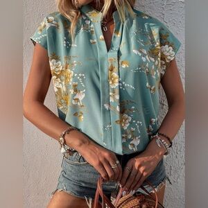 SHEIN Floral Print Notched Neck Blouse Large